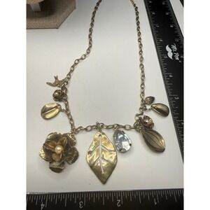 Antique Gold Tone Floral‎ Leaf Bird Charm Necklace Faux Pearl Crystal 18 Inch